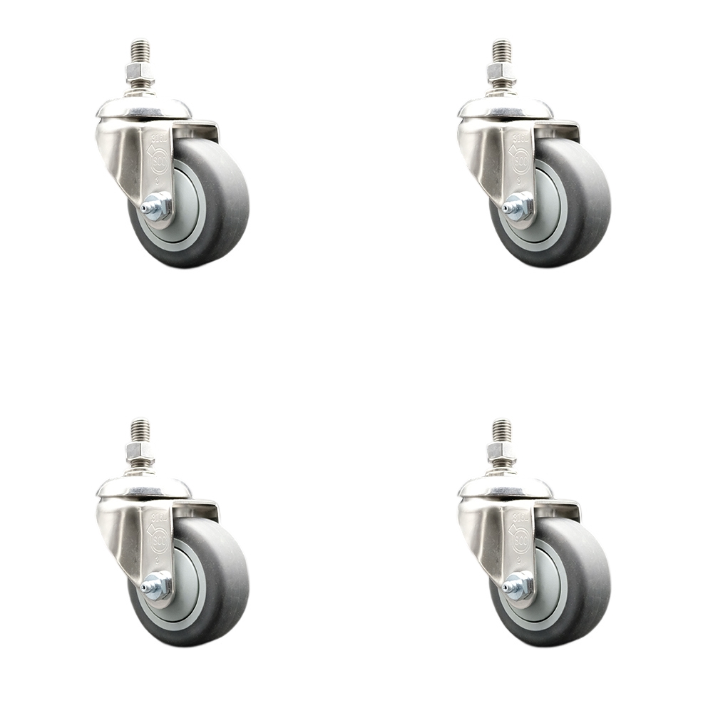 Thermoplastic Rubber Swivel Stem Caster Set of 4 with 3 Inch Caster Wheels - 10mm Metric Threaded Stems - 316 Stainless Steel Casters - Includes 4 Swivel Casters - Service Caster Brand — photo 1