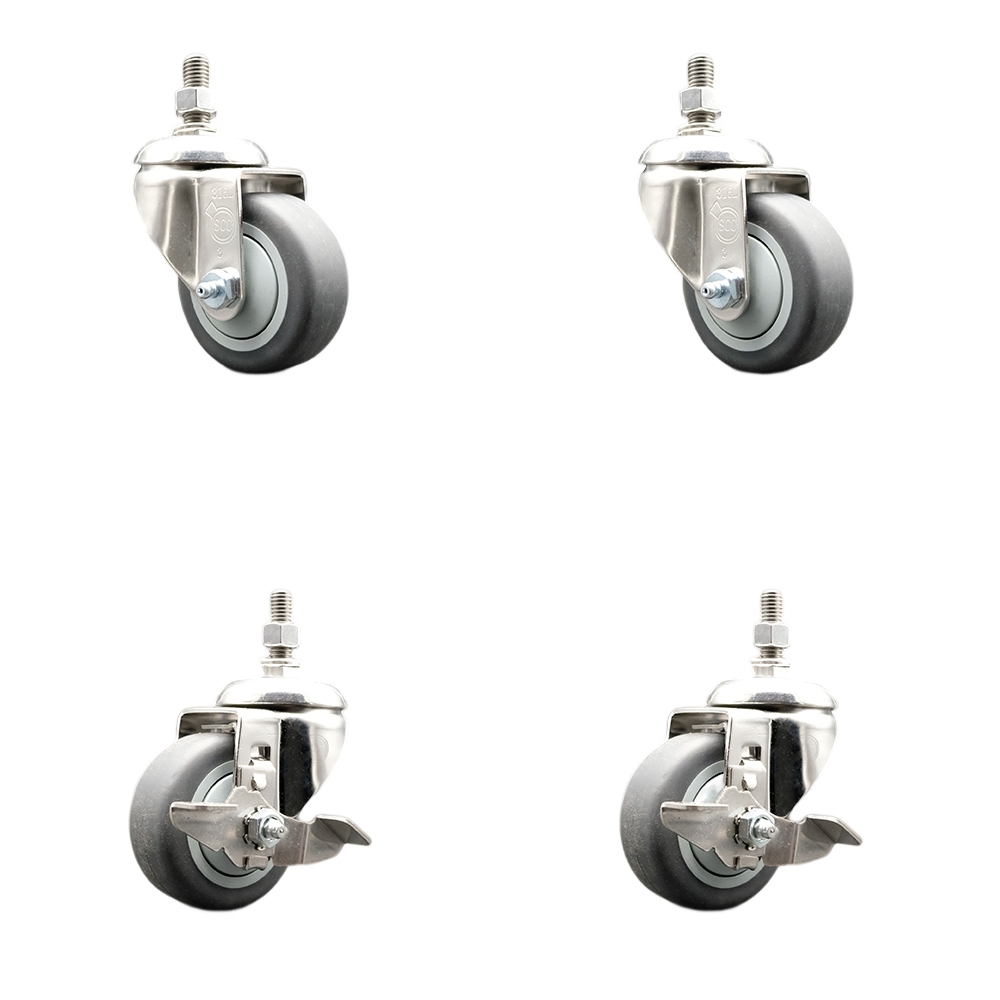 Thermoplastic Rubber Swivel Stem Caster Set of 4 with 3.5 Inch Caster Wheels-12mm Threaded Stems-316 Stainless Steel Caster-Include 2 Swivel Casters with Top Lock Brake & 2 Swivel-Service Caster Brand — photo 1
