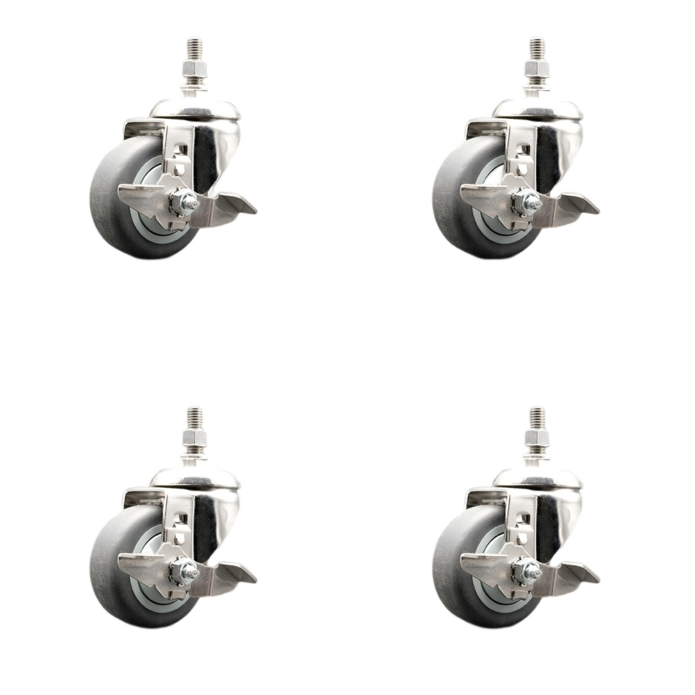 Thermoplastic Rubber Swivel Stem Caster Set of 4 with 3.5 Inch Caster Wheels - 1/2" Threaded Stems - 316 Stainless Steel Casters - Includes 4 Swivel Casters with Top Lock Brakes - Service Caster Brand — photo 1