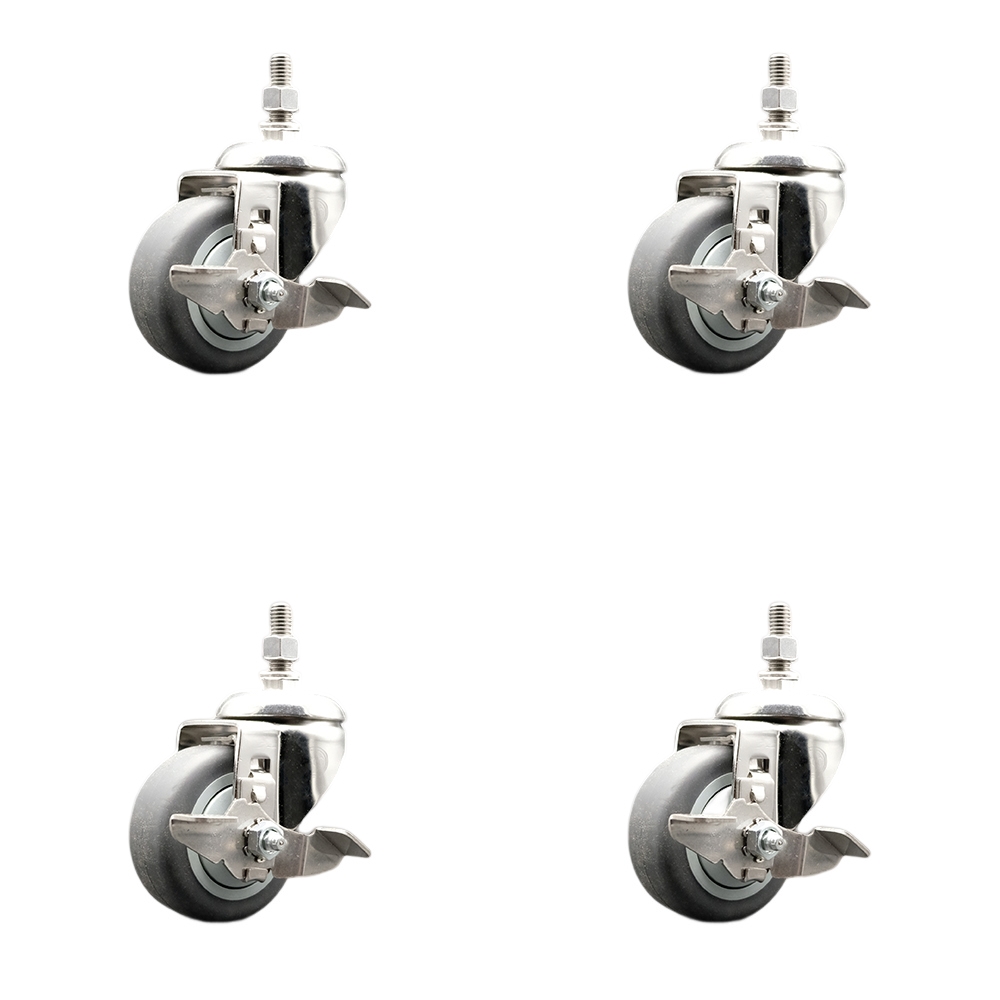 Thermoplastic Rubber Swivel Stem Caster Set of 4 with 3.5 Inch Caster Wheels - 3/8" Threaded Stems - 316 Stainless Steel Casters - Includes 4 Swivel Casters with Top Lock Brakes - Service Caster Brand — photo 1
