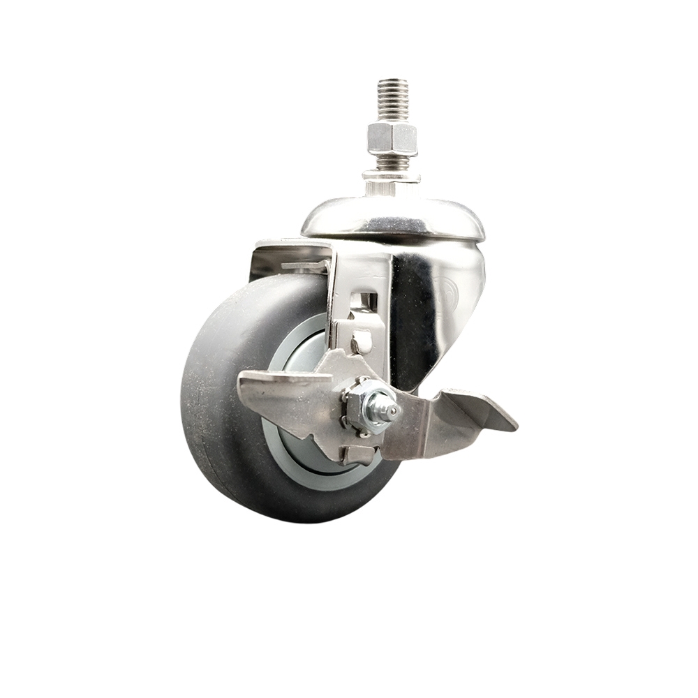 Thermoplastic Rubber Swivel Stem Caster with 3.5 Inch Gray Caster Wheel and Top Lock Brake - 3/8" Threaded Stem - 316 Stainless Steel Caster - 230 lbs. Capacity Per Caster - Service Caster Brand — photo 1