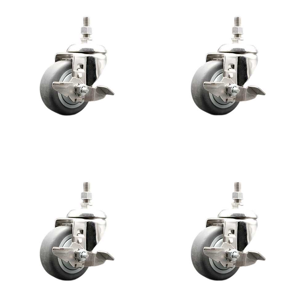 Thermoplastic Rubber Swivel Stem Caster Set of 4 with 3 Inch Caster Wheels - 12mm Metric Threaded Stems -316 Stainless Steel Casters-Includes 4 Swivel Casters with Top Lock Brakes-Service Caster Brand — photo 1