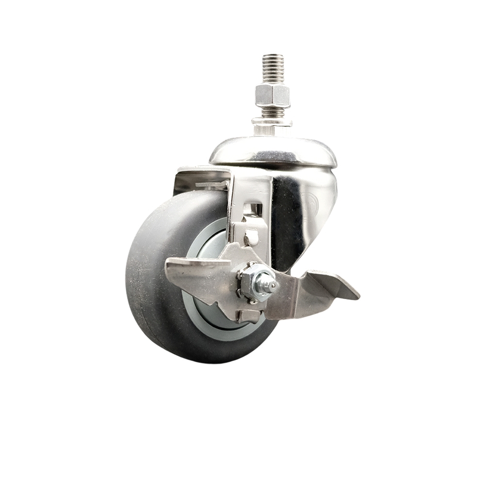 Thermoplastic Rubber Swivel Stem Caster with 3 Inch Gray Caster Wheel and Top Lock Brake - 12mm Metric Threaded Stem - 316 Stainless Steel Caster - 210 lbs. Capacity Per Caster - Service Caster Brand — photo 1