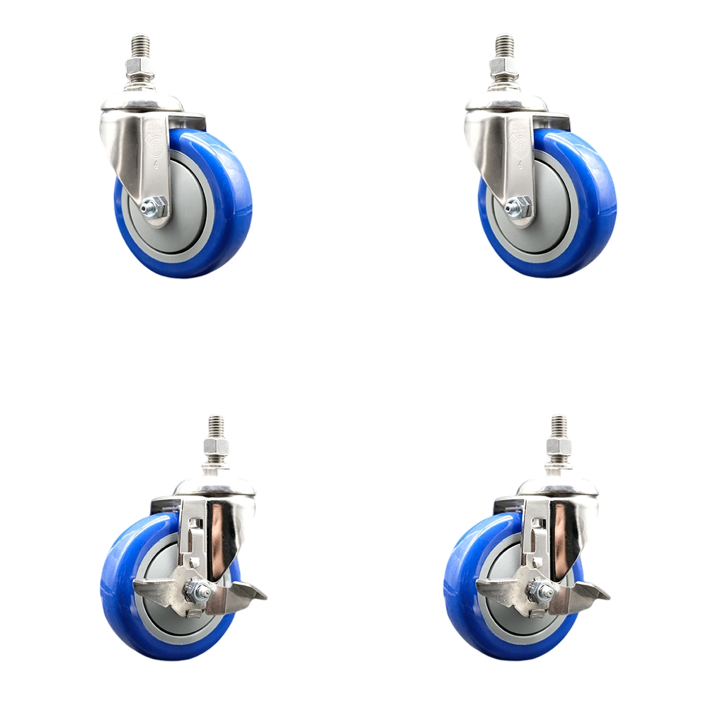 Poly Swivel Stem Caster Set of 4 with 4 Inch Blue Caster Wheels - 1/2" Threaded Stems - 316 Stainless Steel Casters - Includes 2 Swivel Casters with Top Lock Brakes and 2 Swivel -Service Caster Brand — photo 1