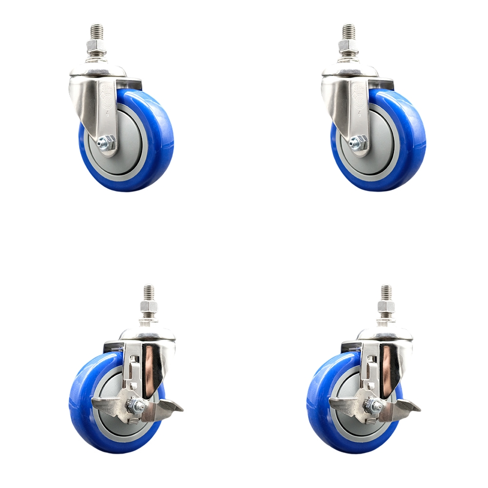 Poly Swivel Stem Caster Set of 4 with 4 Inch Blue Caster Wheels - 3/8" Threaded Stems - 316 Stainless Steel Casters - Includes 2 Swivel Casters with Top Lock Brakes and 2 Swivel -Service Caster Brand — photo 1