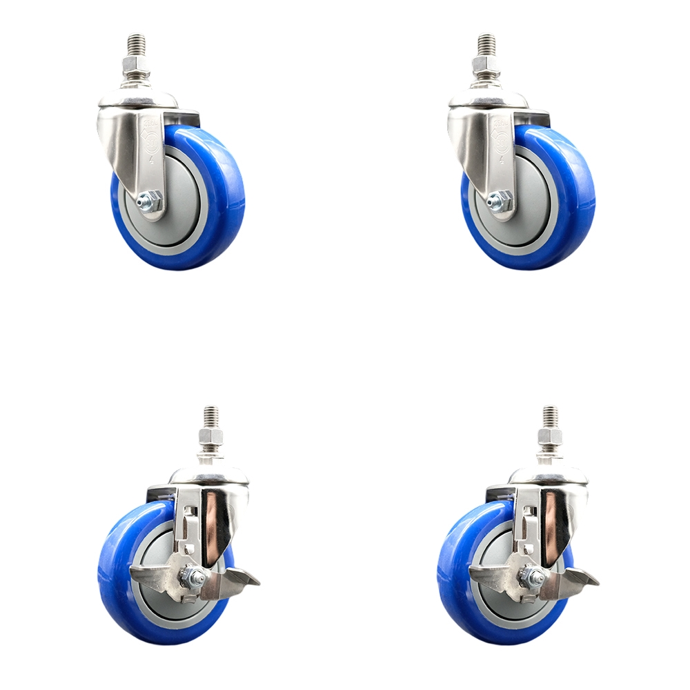 Poly Swivel Stem Caster Set of 4 with 4 Inch Blue Caster Wheels-10mm Metric Threaded Stems-316 Stainless Steel Casters-Includes 2 Swivel Casters with Top Lock Brakes and 2 Swivel-Service Caster Brand — photo 1