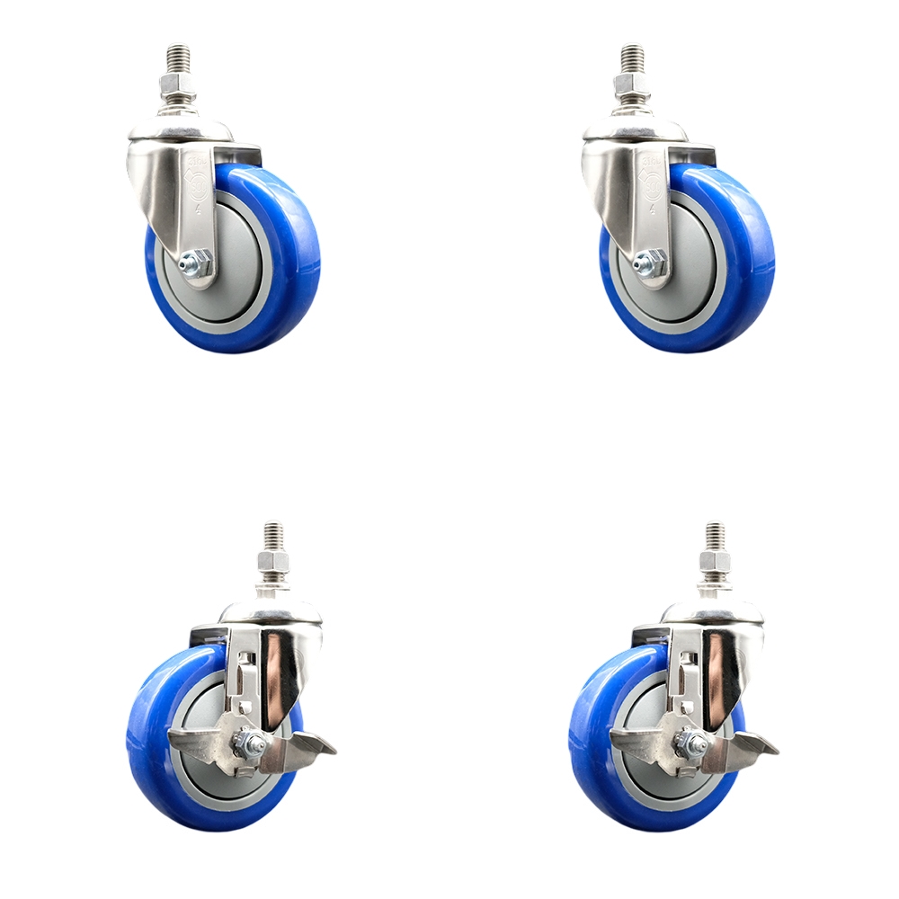 Poly Swivel Stem Caster Set of 4 with 4 Inch Blue Caster Wheels-12mm Metric Threaded Stems-316 Stainless Steel Casters-Includes 2 Swivel Casters with Top Lock Brakes and 2 Swivel-Service Caster Brand — photo 1