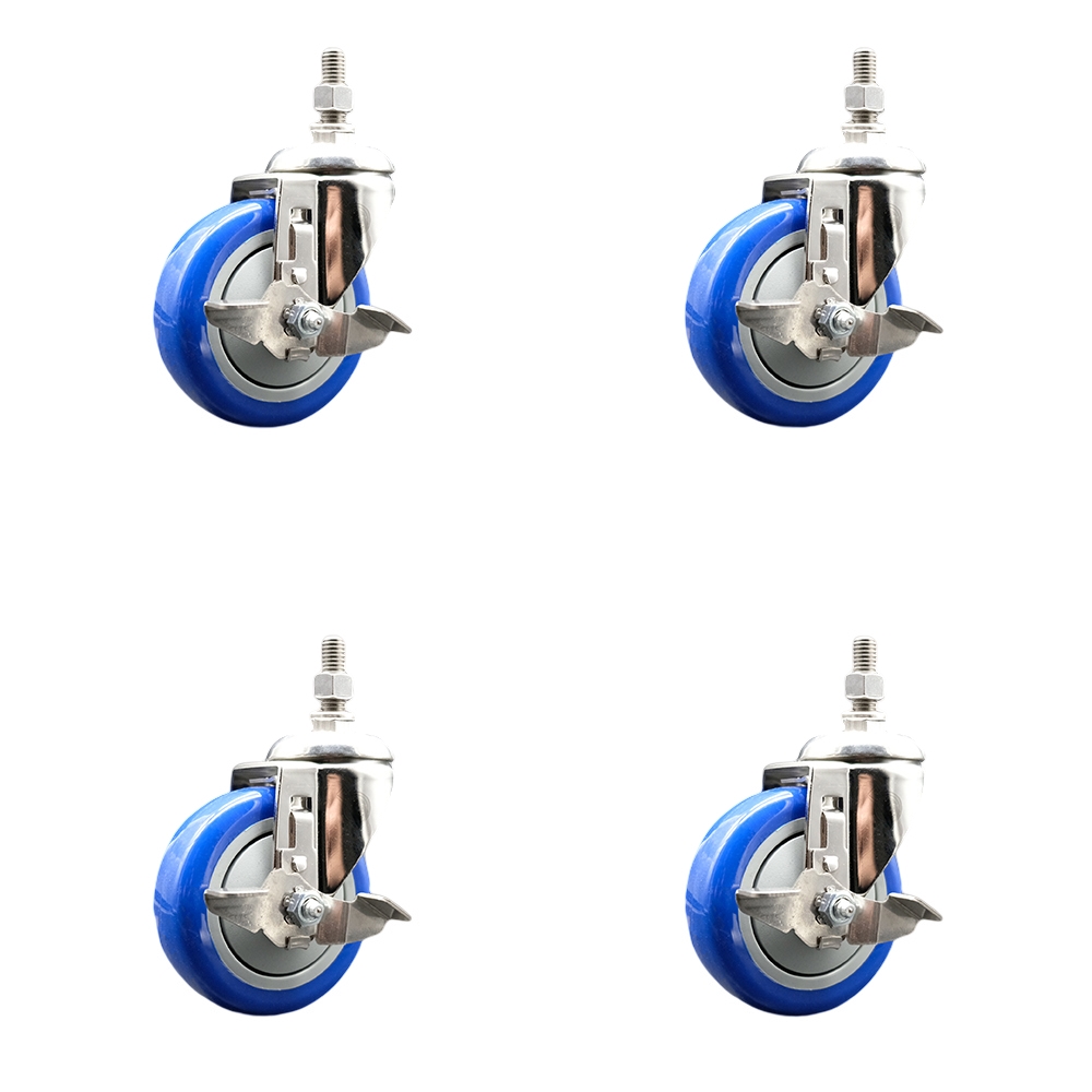 Polyurethane Swivel Stem Caster Set of 4 with 4 Inch Blue Caster Wheels - 3/8" Threaded Stems - 316 Stainless Steel Casters - Includes 4 Swivel Casters with Top Lock Brakes - Service Caster Brand — photo 1