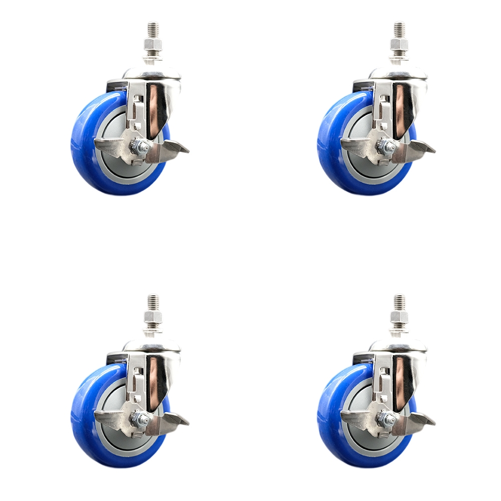 Polyurethane Swivel Stem Caster Set of 4 with 4 Inch Blue Caster Wheels - 10mm Metric Threaded Stems - 316 Stainless Steel Casters -Includes 4 Swivel Casters with Top Lock Brakes-Service Caster Brand — photo 1