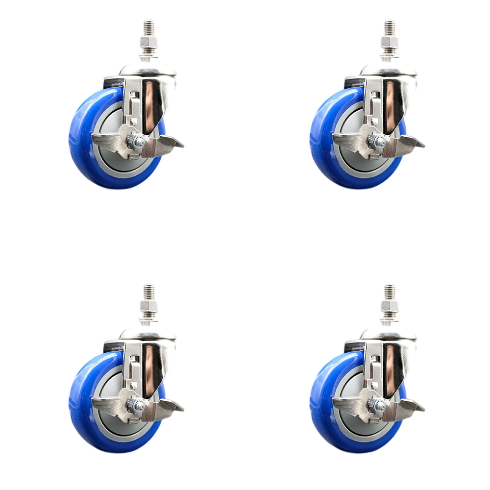 Polyurethane Swivel Stem Caster Set of 4 with 4 Inch Blue Caster Wheels - 12mm Metric Threaded Stems - 316 Stainless Steel Casters -Includes 4 Swivel Casters with Top Lock Brakes-Service Caster Brand — photo 1