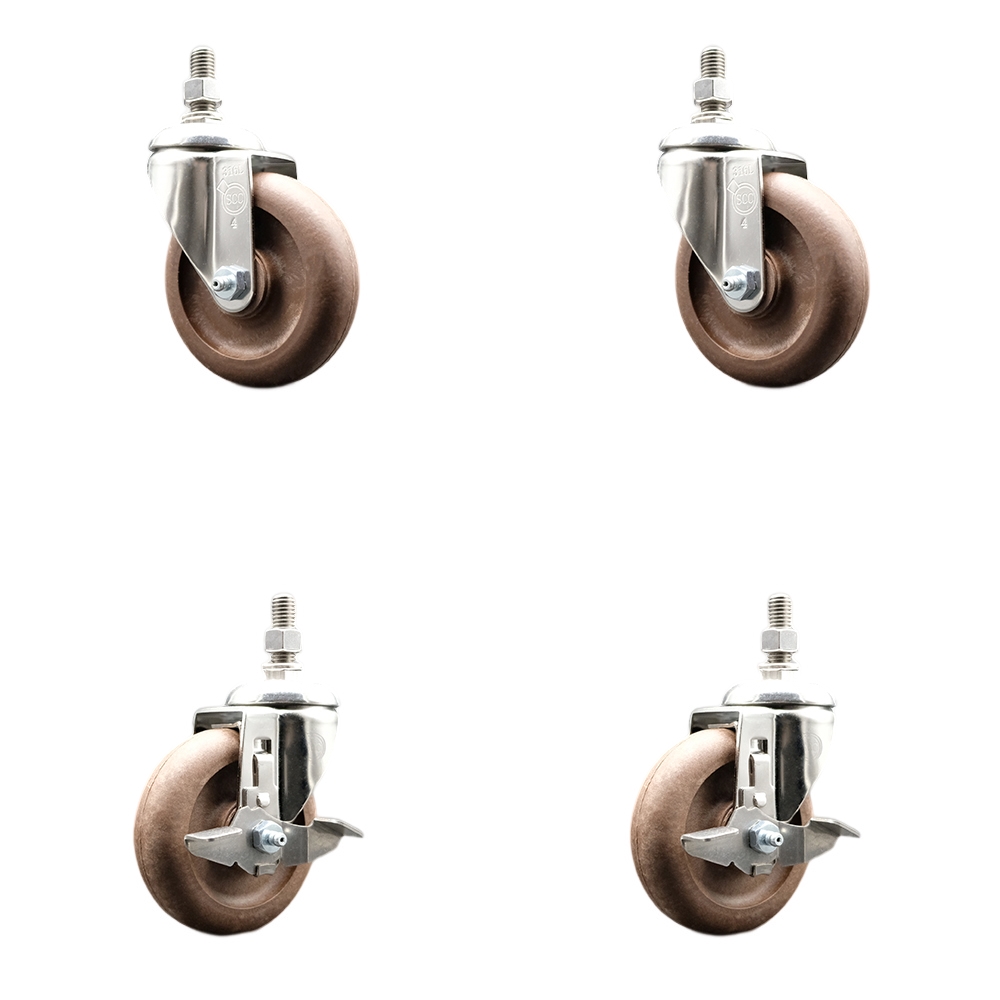High Temp Glass Filled Nylon Swivel Stem Caster Set of 4 with 4 Inch Caster Wheels-1/2" Threaded Stems-316 Stainless Steel Caster-Include 2 Swivel with Top Lock Brake and 2 Swivel-Service Caster Brand — photo 1