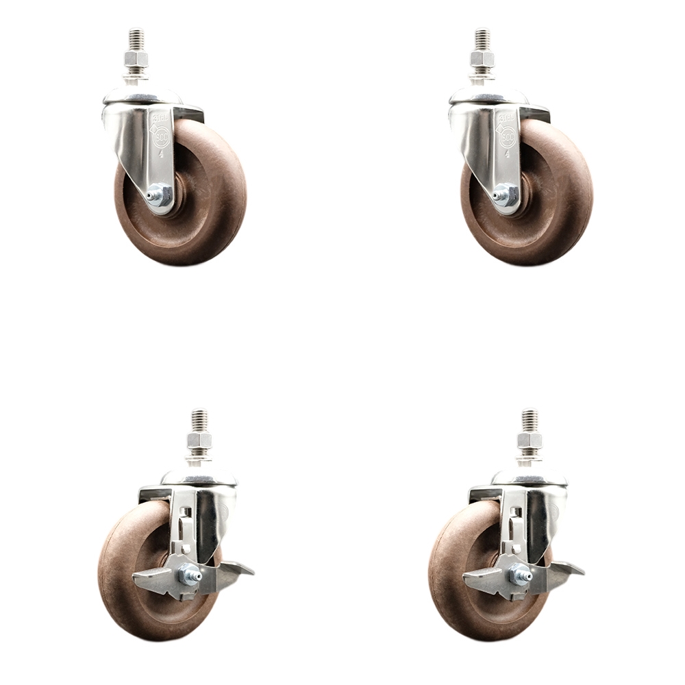 High Temp Glass Filled Nylon Swivel Stem Caster Set of 4 with 4 Inch Caster Wheels-3/8" Threaded Stems-316 Stainless Steel Caster-Include 2 Swivel with Top Lock Brake and 2 Swivel-Service Caster Brand — photo 1