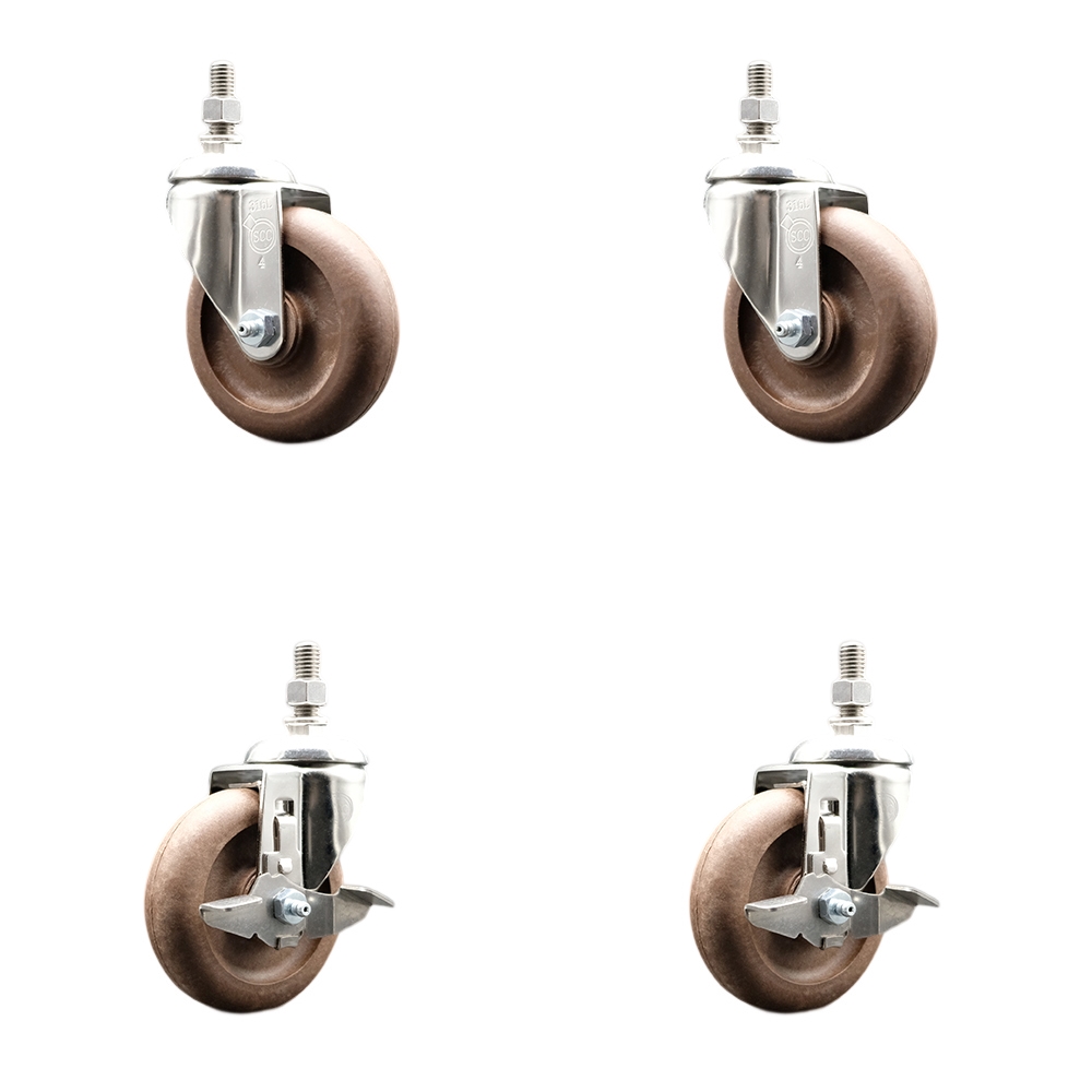High Temp Glass Filled Nylon Swivel Stem Caster Set of 4 with 4 Inch Caster Wheels-10mm Threaded Stems-316 Stainless Steel Caster-Include 2 Swivel with Top Lock Brake and 2 Swivel-Service Caster Brand — photo 1