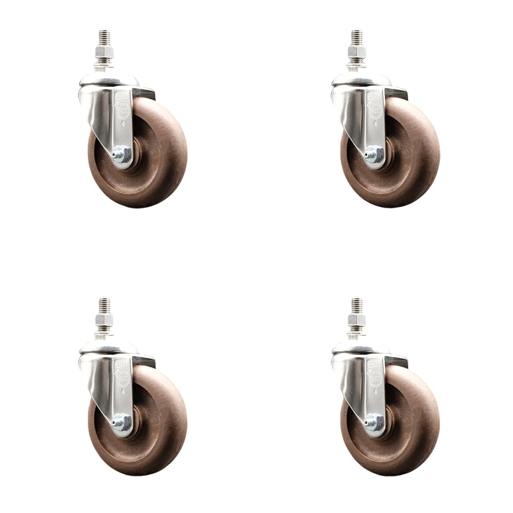 High Temperature Glass Filled Nylon Swivel Stem Caster Set of 4 with 4 Inch Brown Caster Wheels - 10mm Metric Threaded Stems -316 Stainless Steel Casters-Includes 4 Swivel Casters-Service Caster Brand — photo 1
