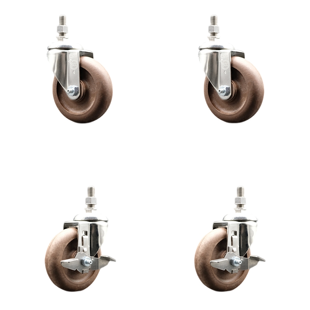 High Temp Glass Filled Nylon Swivel Stem Caster Set of 4 with 4 Inch Caster Wheels-12mm Threaded Stems-316 Stainless Steel Caster-Include 2 Swivel with Top Lock Brake and 2 Swivel-Service Caster Brand — photo 1