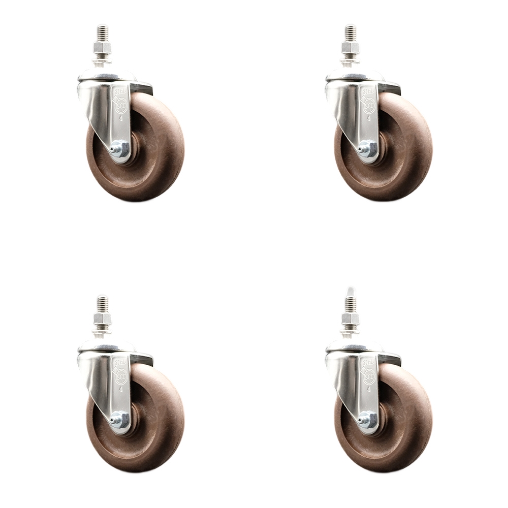 High Temperature Glass Filled Nylon Swivel Stem Caster Set of 4 with 4 Inch Brown Caster Wheels - 12mm Metric Threaded Stems -316 Stainless Steel Casters-Includes 4 Swivel Casters-Service Caster Brand — photo 1