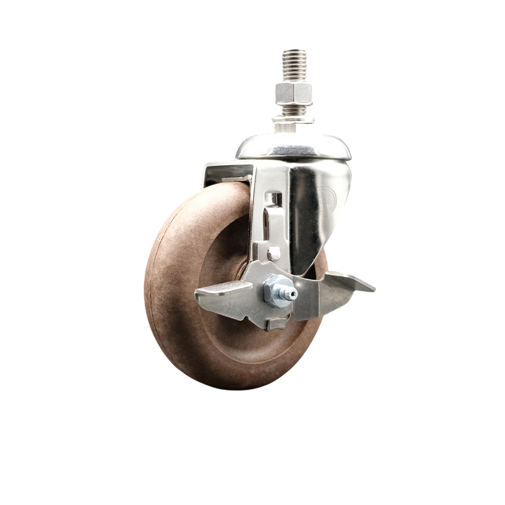 High Temperature Glass Filled Nylon Swivel Stem Caster with 4 Inch Brown Caster Wheel and Top Lock Brake-3/8" Threaded Stem-316 Stainless Steel Caster-350 lbs. Capacity Per Caster-Service Caster Brand — photo 1