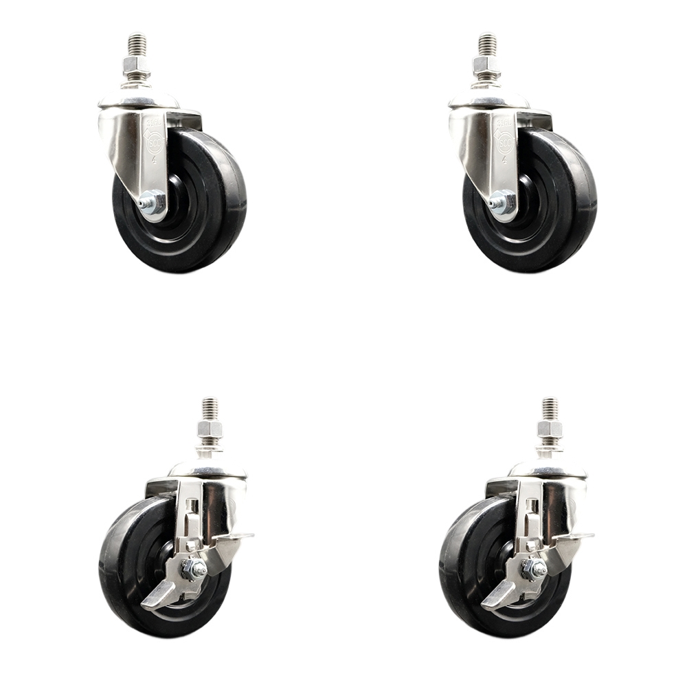 Hard Rubber Swivel Stem Caster Set of 4 with 4 Inch Caster Wheels - 1/2" Threaded Stems - 316 Stainless Steel Casters- Includes 2 Swivel Casters with Top Lock Brakes and 2 Swivel -Service Caster Brand — photo 1