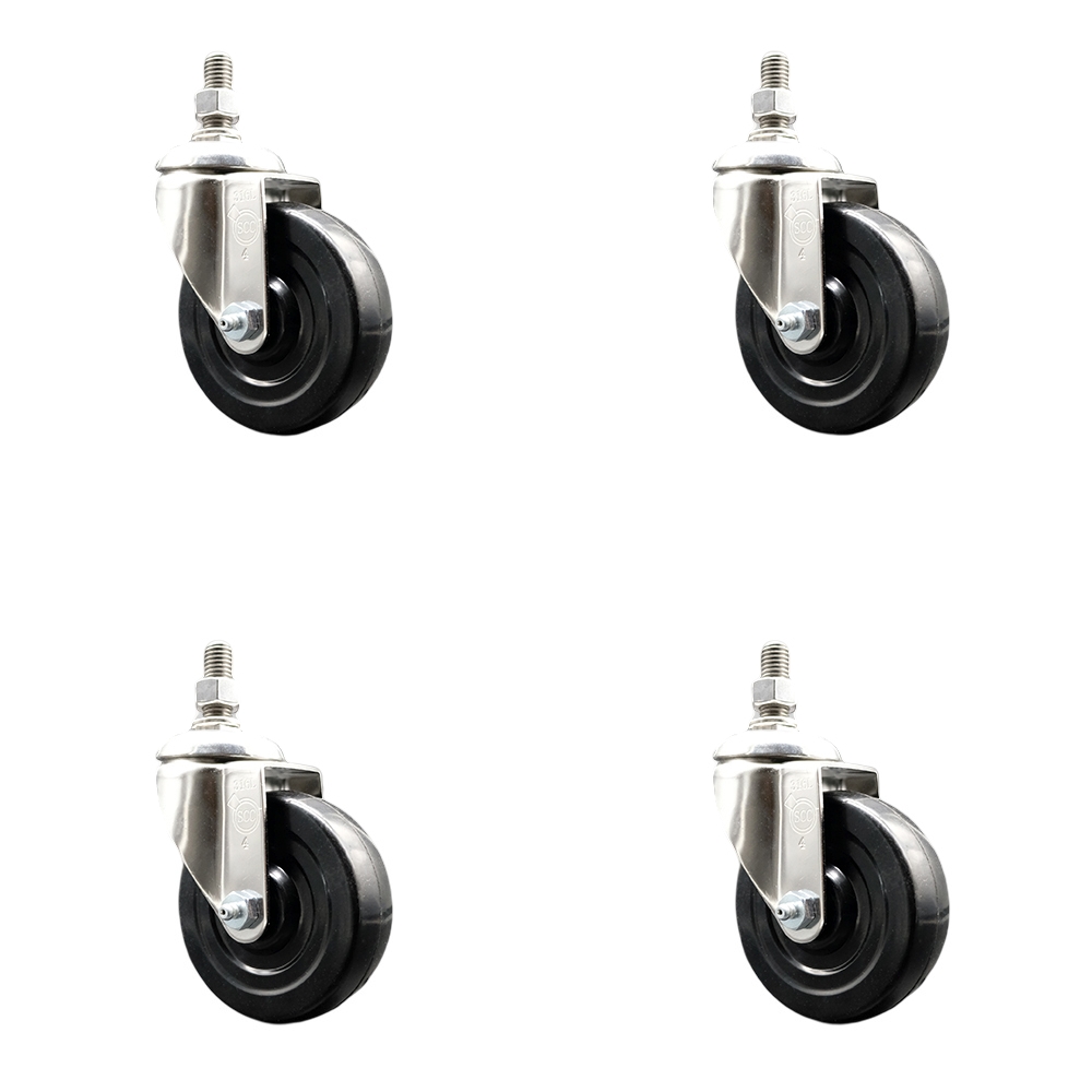 Soft Rubber Swivel Stem Caster Set of 4 with 4 Inch Caster Wheels - 1/2" Threaded Stems - 316 Stainless Steel Casters - Includes 4 Swivel Casters - Service Caster Brand — photo 1