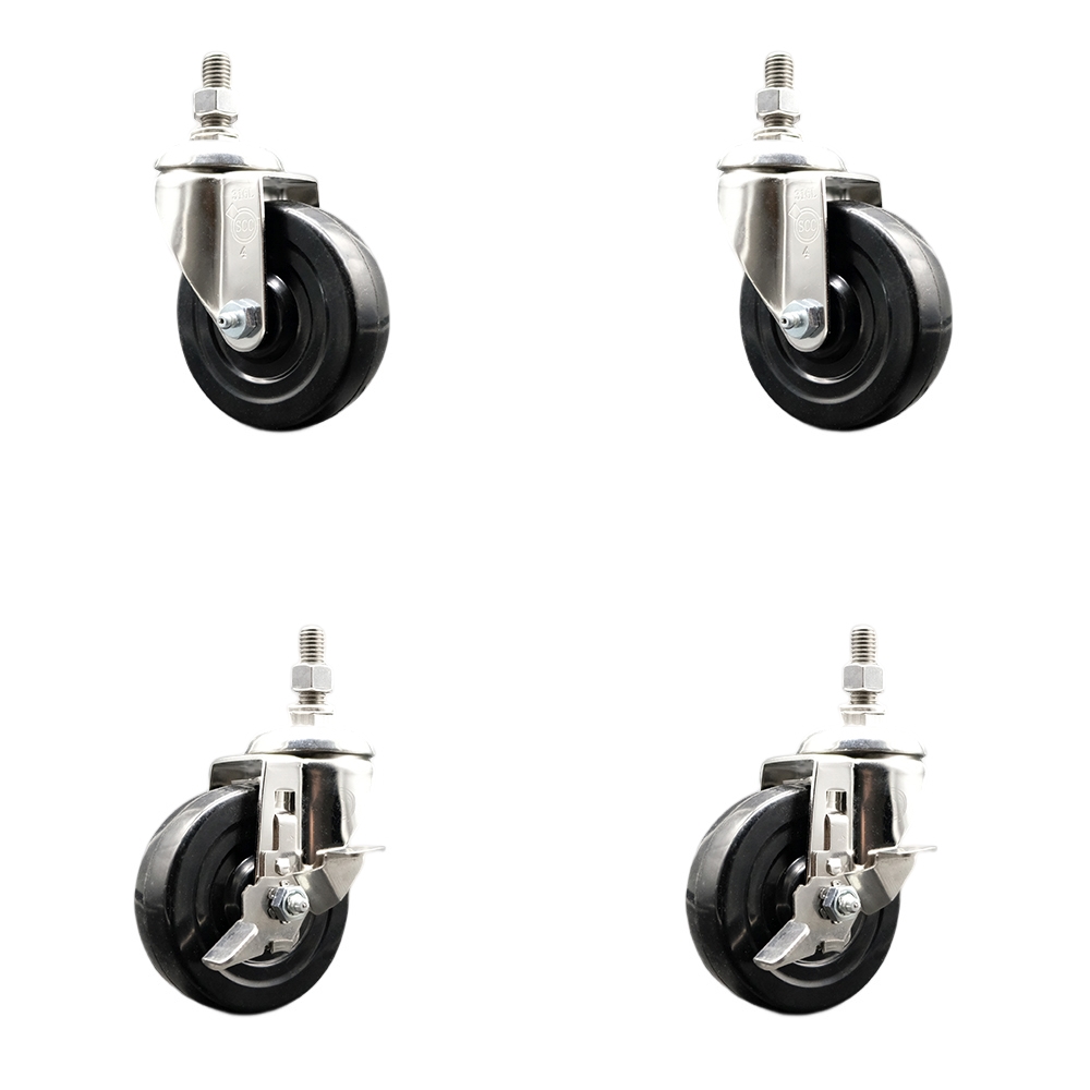 Soft Rubber Swivel Stem Caster Set of 4 with 4 Inch Caster Wheels - 3/8" Threaded Stems - 316 Stainless Steel Casters- Includes 2 Swivel Casters with Top Lock Brakes and 2 Swivel -Service Caster Brand — photo 1
