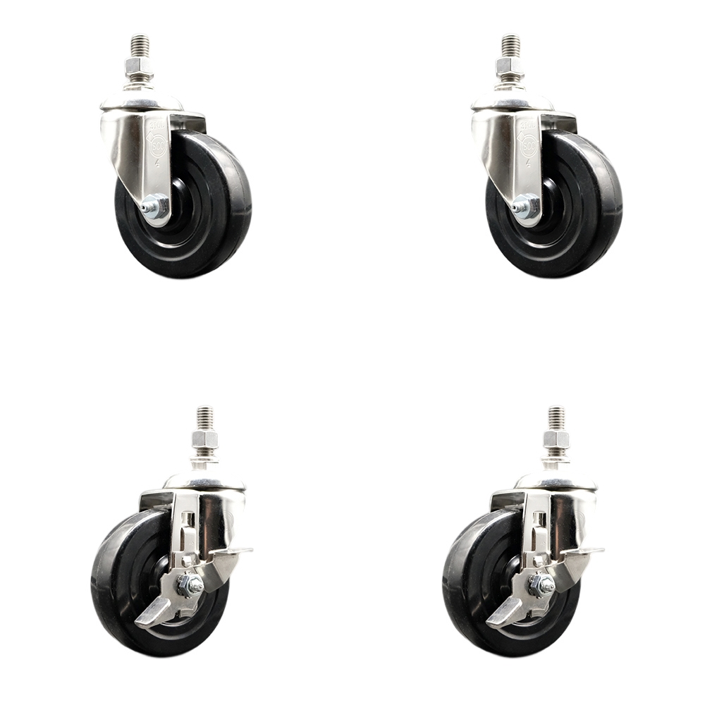 Soft Rubber Swivel Stem Caster Set of 4 with 4 Inch Caster Wheels-10mm Metric Threaded Stems-316 Stainless Steel Casters-Include 2 Swivel Casters with Top Lock Brake and 2 Swivel -Service Caster Brand — photo 1