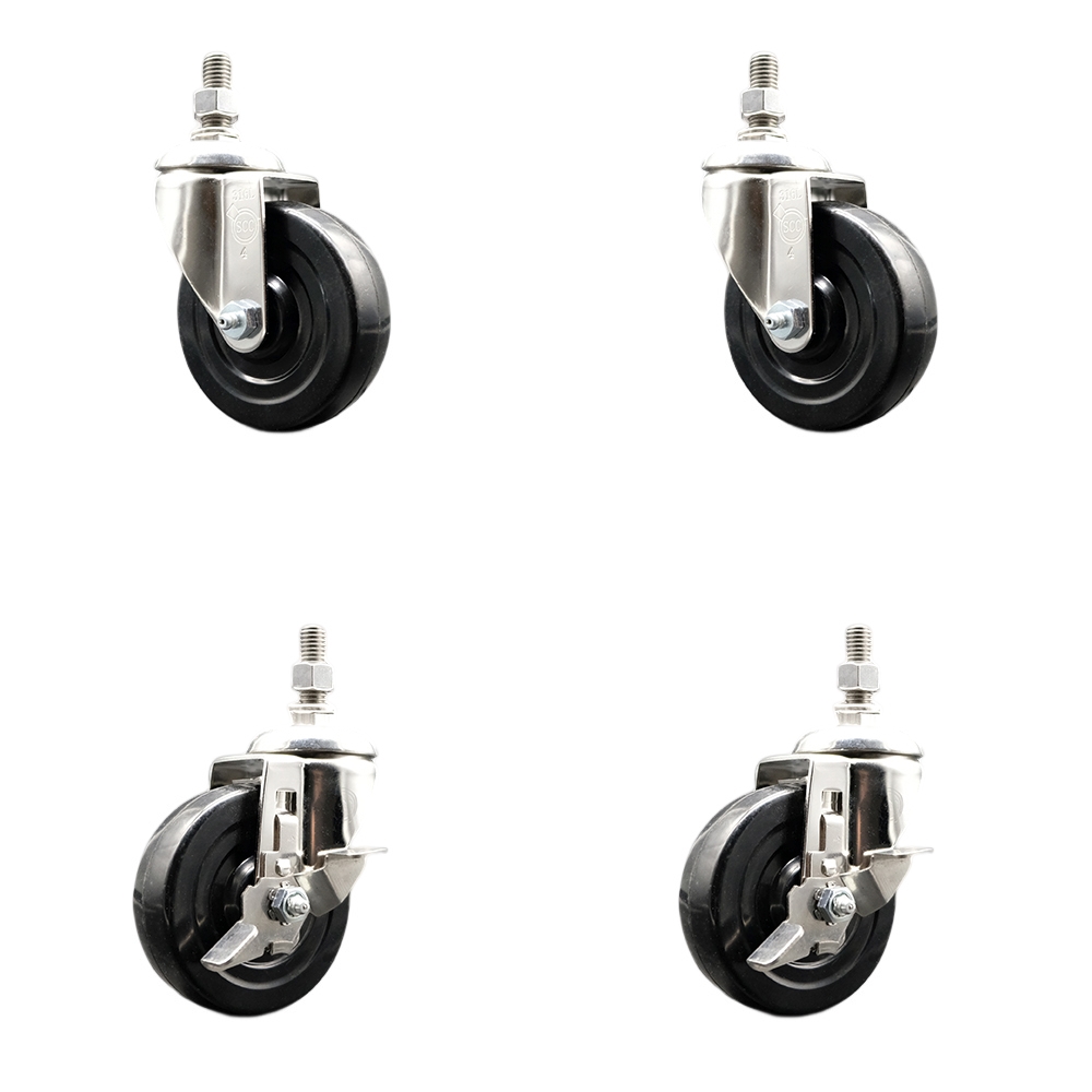 Soft Rubber Swivel Stem Caster Set of 4 with 4 Inch Caster Wheels-12mm Metric Threaded Stems-316 Stainless Steel Casters-Include 2 Swivel Casters with Top Lock Brake and 2 Swivel -Service Caster Brand — photo 1