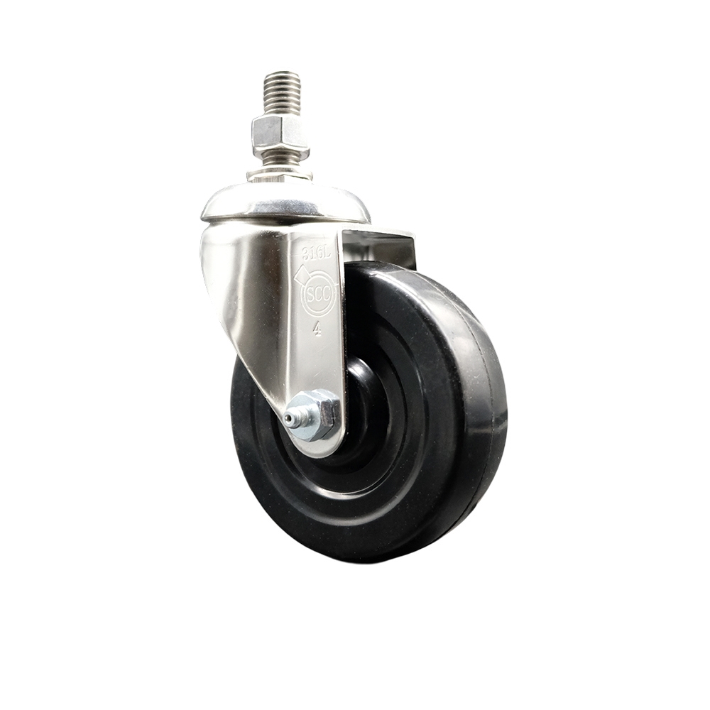Hard Rubber Swivel Stem Caster with 4 Inch Black Caster Wheel - 12mm Metric Threaded Stem - 316 Stainless Steel Caster - 300 lbs. Capacity Per Caster - Service Caster Brand — photo 1
