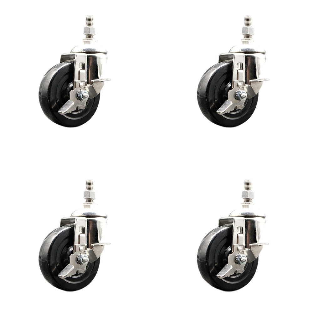 Hard Rubber Swivel Stem Caster Set of 4 with 4 Inch Caster Wheels - 3/8" Threaded Stems - 316 Stainless Steel Casters - Includes 4 Swivel Casters with Top Lock Brakes - Service Caster Brand — photo 1
