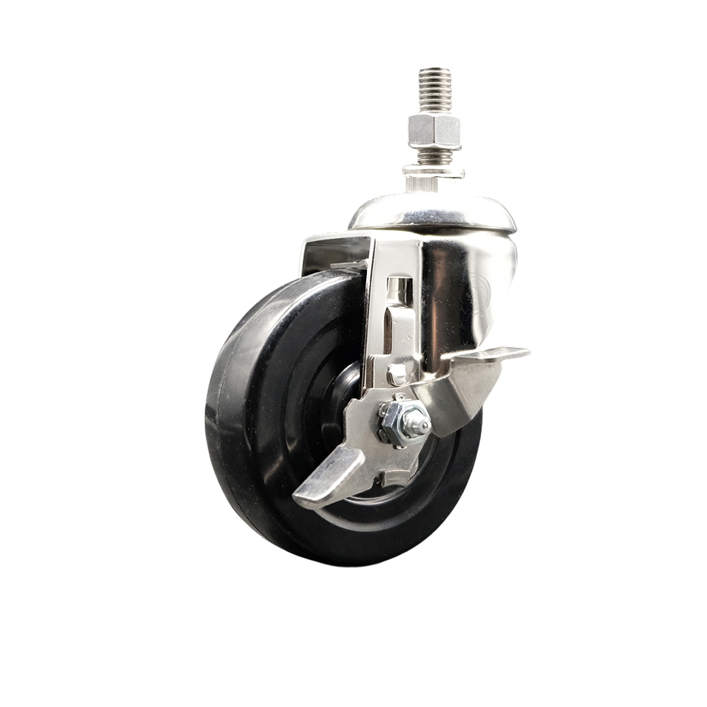 Soft Rubber Swivel Stem Caster with 4 Inch Black Caster Wheel and Top Lock Brake - 3/8" Threaded Stem - 316 Stainless Steel Caster - 200 lbs. Capacity Per Caster - Service Caster Brand — photo 1
