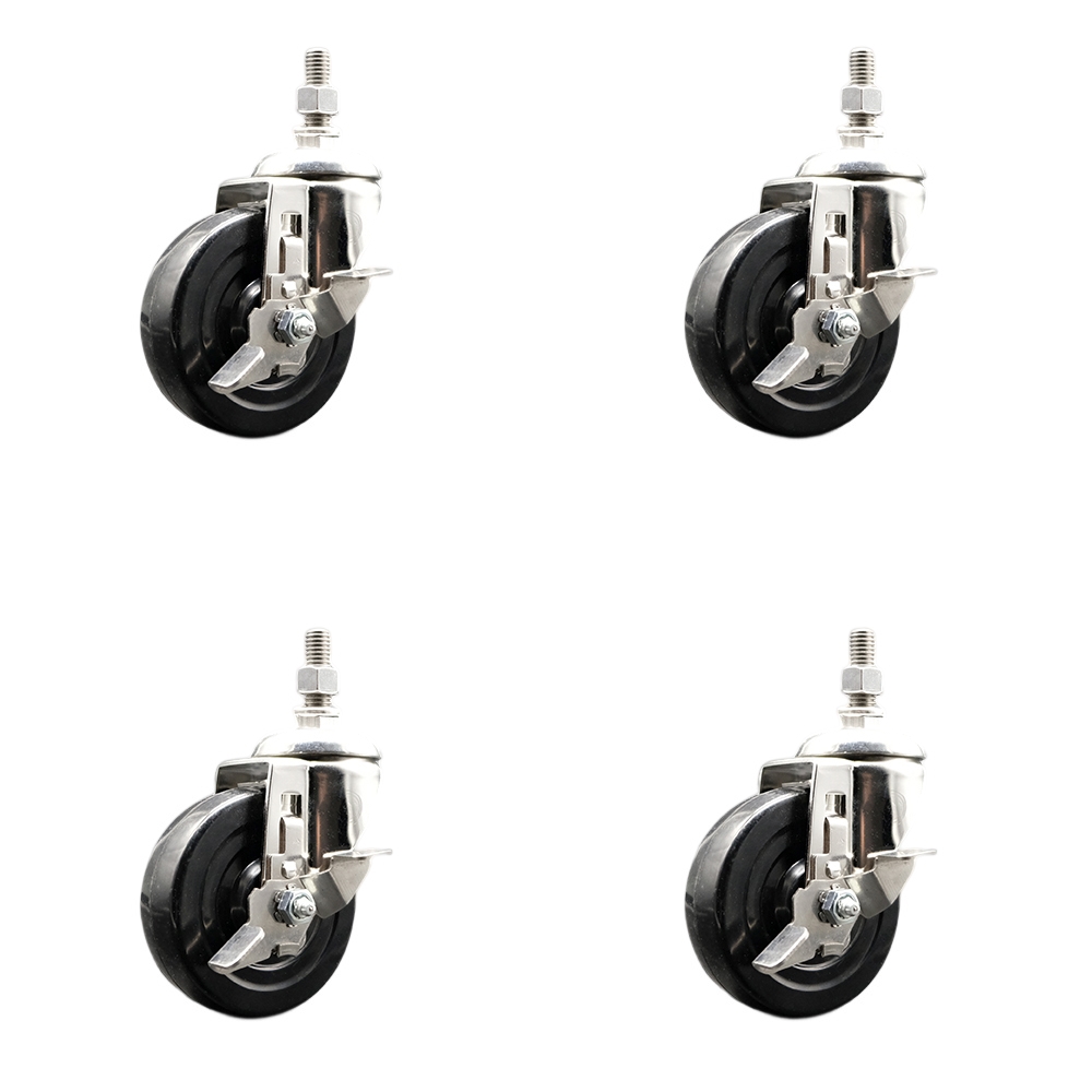 Soft Rubber Swivel Stem Caster Set of 4 with 4 Inch Caster Wheels - 10mm Metric Threaded Stems - 316 Stainless Steel Casters - Includes 4 Swivel Casters with Top Lock Brakes - Service Caster Brand — photo 1