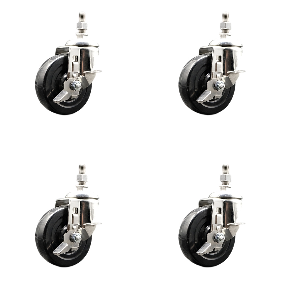 Hard Rubber Swivel Stem Caster Set of 4 with 4 Inch Caster Wheels - 12mm Metric Threaded Stems - 316 Stainless Steel Casters - Includes 4 Swivel Casters with Top Lock Brakes - Service Caster Brand — photo 1