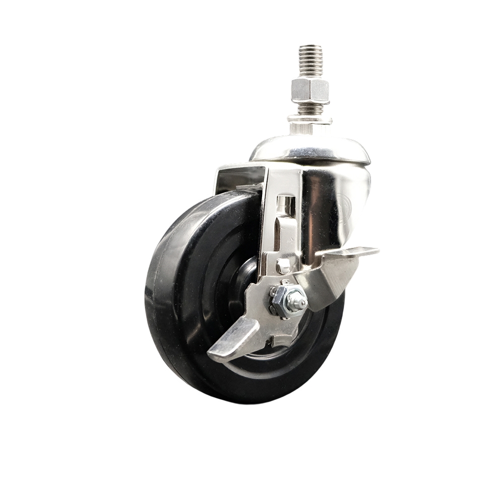 Hard Rubber Swivel Stem Caster with 4 Inch Black Caster Wheel and Top Lock Brake - 12mm Metric Threaded Stem - 316 Stainless Steel Caster - 300 lbs. Capacity Per Caster - Service Caster Brand — photo 1