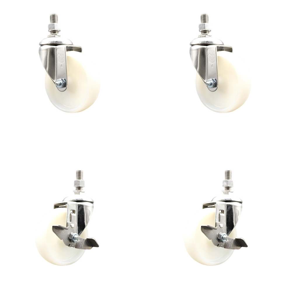Nylon Swivel Stem Caster Set of 4 with 4 Inch Caster Wheels - 1/2" Threaded Stems - 316 Stainless Steel Casters - Includes 2 Swivel Casters with Top Lock Brakes and 2 Swivel - Service Caster Brand — photo 1