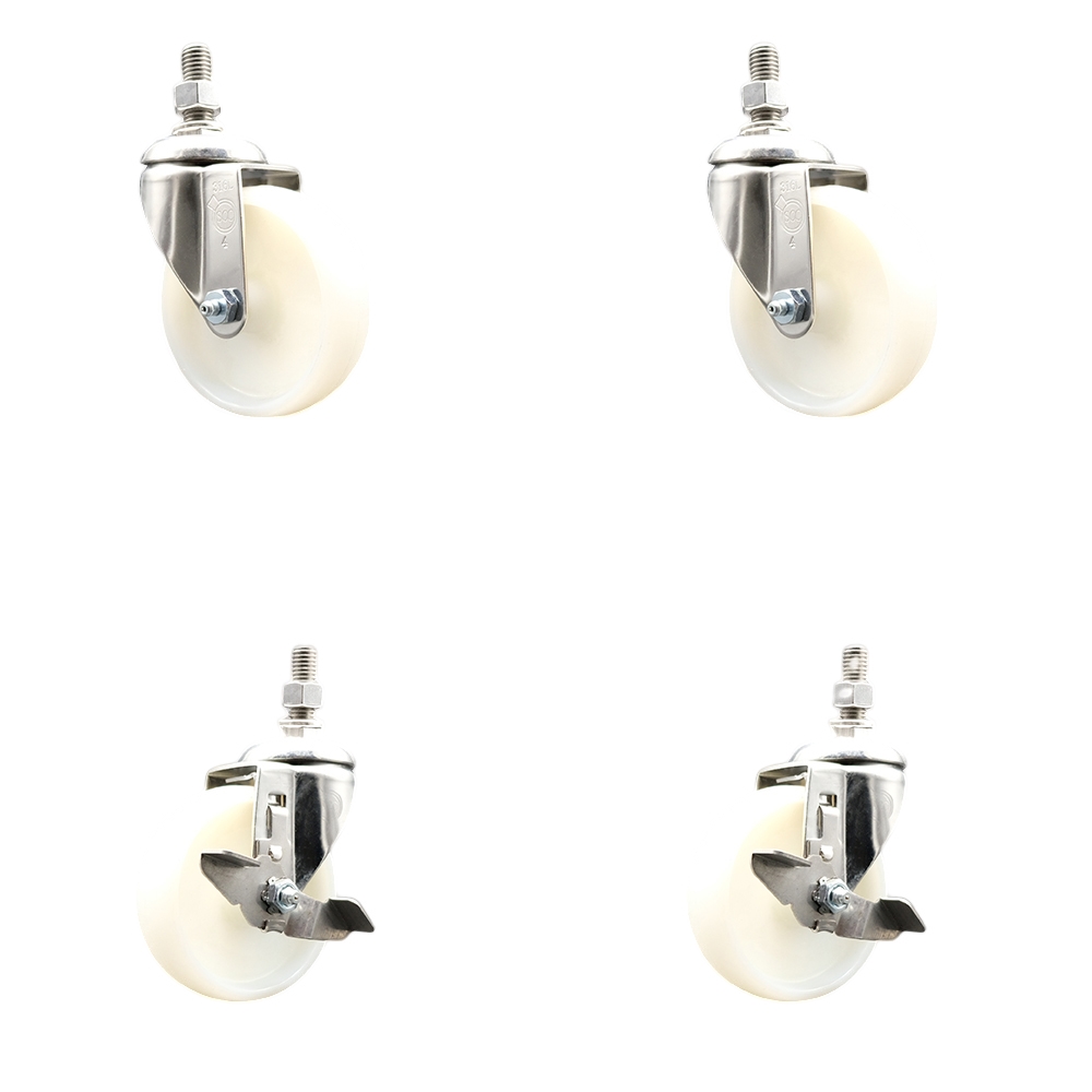 Nylon Swivel Stem Caster Set of 4 with 4 Inch Caster Wheels - 3/8" Threaded Stems - 316 Stainless Steel Casters - Includes 2 Swivel Casters with Top Lock Brakes and 2 Swivel - Service Caster Brand — photo 1