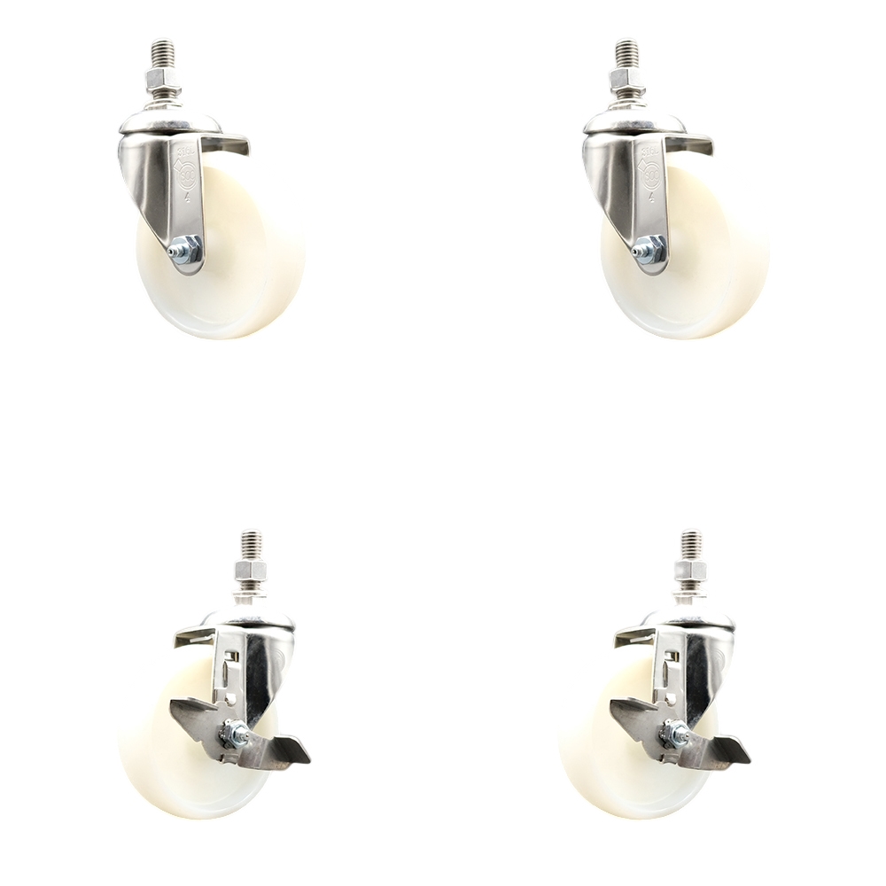 Nylon Swivel Stem Caster Set of 4 with 4 Inch Caster Wheels - 10mm Metric Threaded Stems - 316 Stainless Steel Casters -Includes 2 Swivel Casters with Top Lock Brakes and 2 Swivel-Service Caster Brand — photo 1