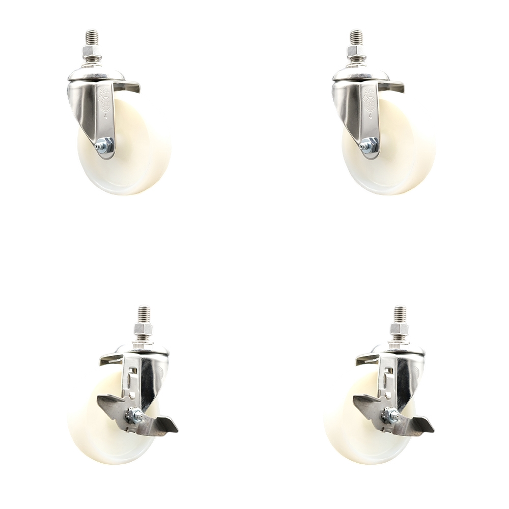 Nylon Swivel Stem Caster Set of 4 with 4 Inch Caster Wheels - 12mm Metric Threaded Stems - 316 Stainless Steel Casters -Includes 2 Swivel Casters with Top Lock Brakes and 2 Swivel-Service Caster Brand — photo 1