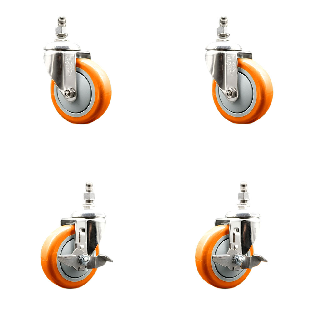 Poly Swivel Stem Caster Set of 4 with 4 Inch Orange Caster Wheels - 1/2" Threaded Stems - 316 Stainless Steel Casters - Includes 2 Swivel Casters with Top Lock Brakes and 2 Swivel-Service Caster Brand — photo 1