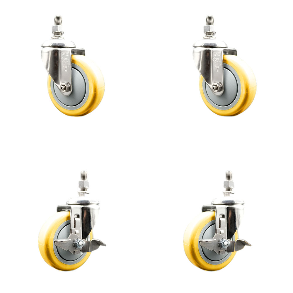 Poly Swivel Stem Caster Set of 4 with 4 Inch Yellow Caster Wheels - 1/2" Threaded Stems - 316 Stainless Steel Casters - Includes 2 Swivel Casters with Top Lock Brakes and 2 Swivel-Service Caster Brand — photo 1