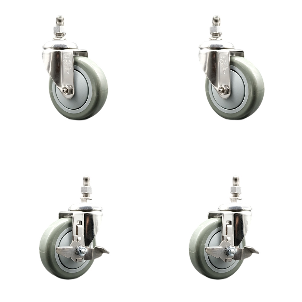 Poly Swivel Stem Caster Set of 4 with 4 Inch Gray Caster Wheels - 1/2" Threaded Stems - 316 Stainless Steel Casters - Includes 2 Swivel Casters with Top Lock Brakes and 2 Swivel -Service Caster Brand — photo 1