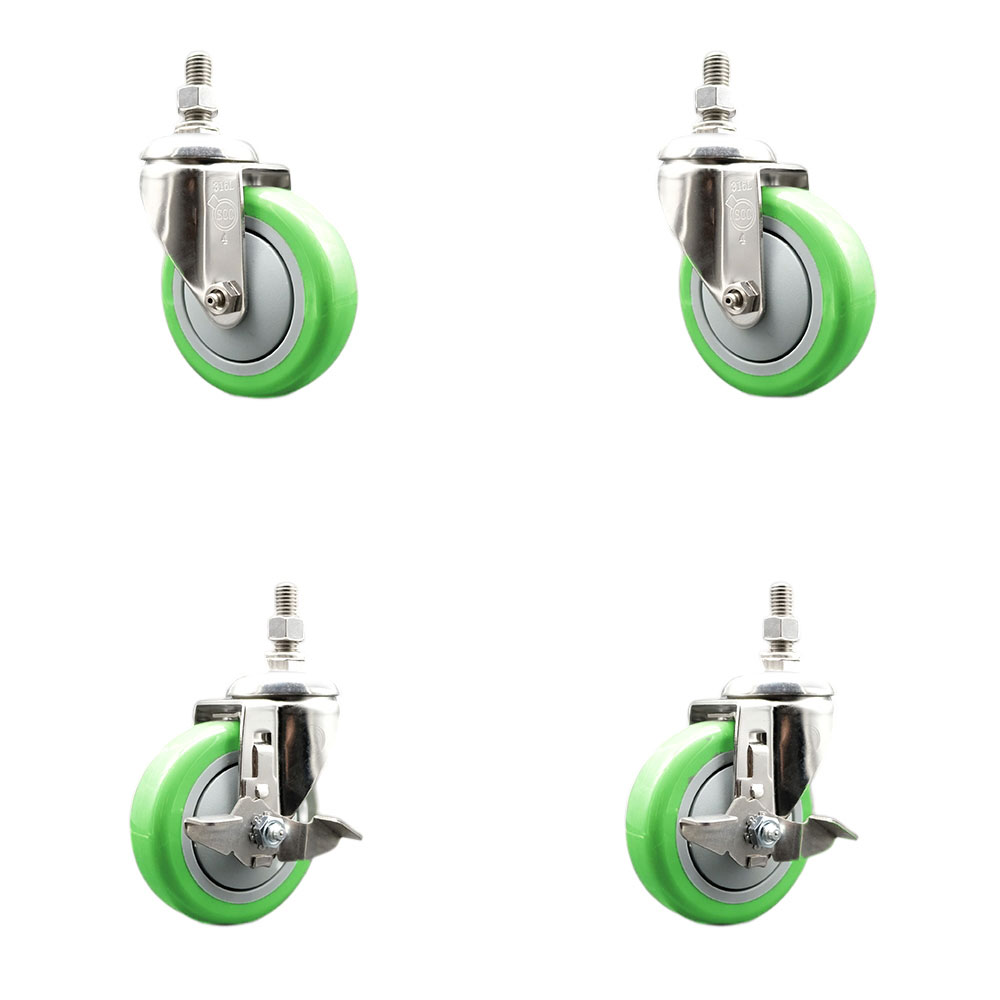Poly Swivel Stem Caster Set of 4 with 4 Inch Green Caster Wheels - 1/2" Threaded Stems - 316 Stainless Steel Casters - Includes 2 Swivel Casters with Top Lock Brakes and 2 Swivel -Service Caster Brand — photo 1