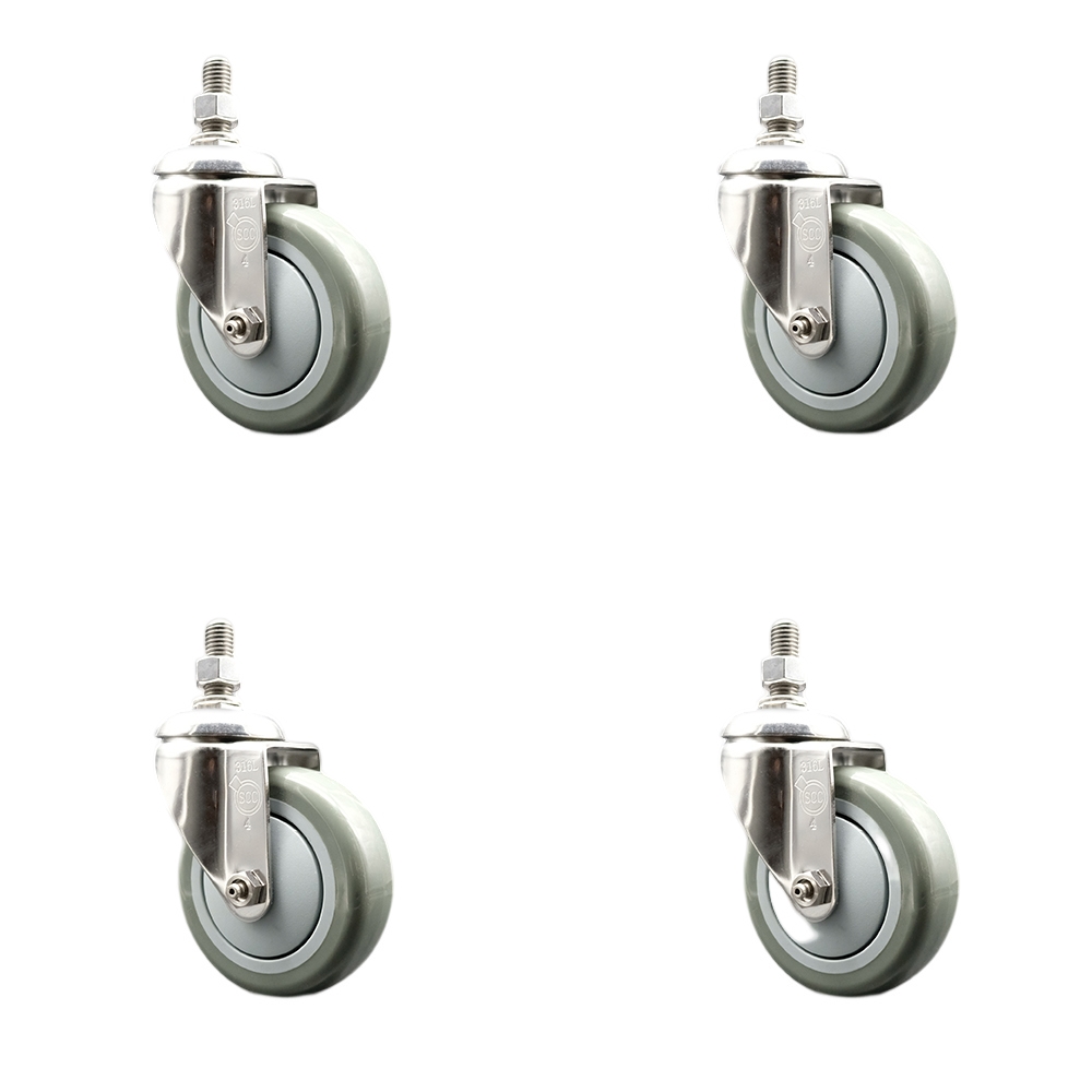 Polyurethane Swivel Stem Caster Set of 4 with 4 Inch Gray Caster Wheels - 1/2" Threaded Stems - 316 Stainless Steel Casters - Includes 4 Swivel Casters - Service Caster Brand — photo 1