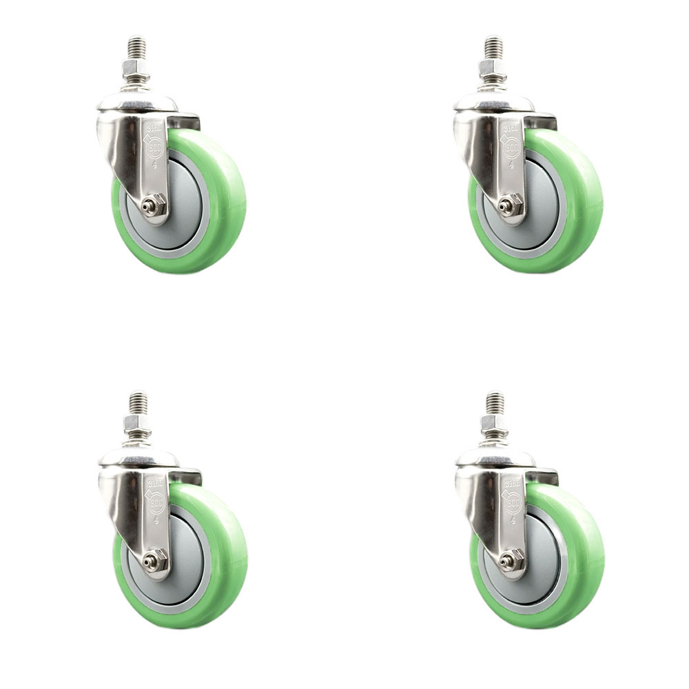 Polyurethane Swivel Stem Caster Set of 4 with 4 Inch Green Caster Wheels - 1/2" Threaded Stems - 316 Stainless Steel Casters - Includes 4 Swivel Casters - Service Caster Brand — photo 1