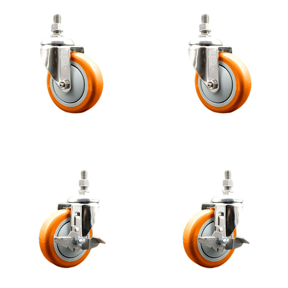 Poly Swivel Stem Caster Set of 4 with 4 Inch Orange Caster Wheels - 3/8" Threaded Stems - 316 Stainless Steel Casters - Includes 2 Swivel Casters with Top Lock Brakes and 2 Swivel-Service Caster Brand — photo 1