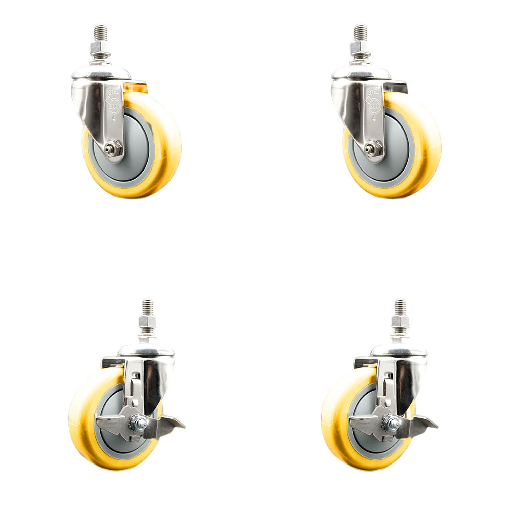 Poly Swivel Stem Caster Set of 4 with 4 Inch Yellow Caster Wheels - 3/8" Threaded Stems - 316 Stainless Steel Casters - Includes 2 Swivel Casters with Top Lock Brakes and 2 Swivel-Service Caster Brand — photo 1