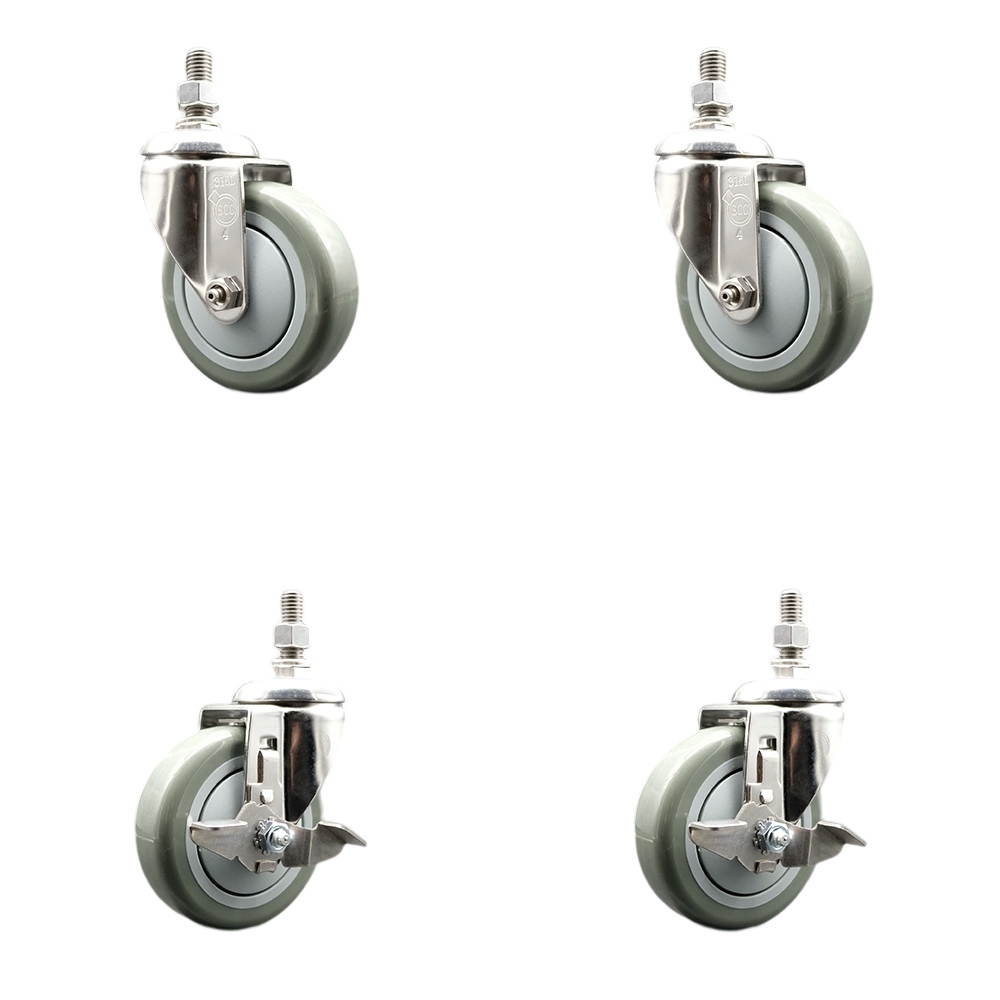 Poly Swivel Stem Caster Set of 4 with 4 Inch Gray Caster Wheels - 3/8" Threaded Stems - 316 Stainless Steel Casters - Includes 2 Swivel Casters with Top Lock Brakes and 2 Swivel -Service Caster Brand — photo 1