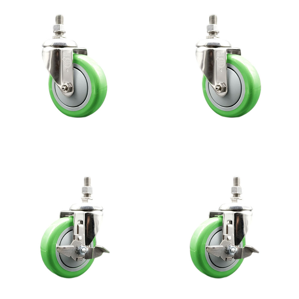 Poly Swivel Stem Caster Set of 4 with 4 Inch Green Caster Wheels - 3/8" Threaded Stems - 316 Stainless Steel Casters - Includes 2 Swivel Casters with Top Lock Brakes and 2 Swivel -Service Caster Brand — photo 1