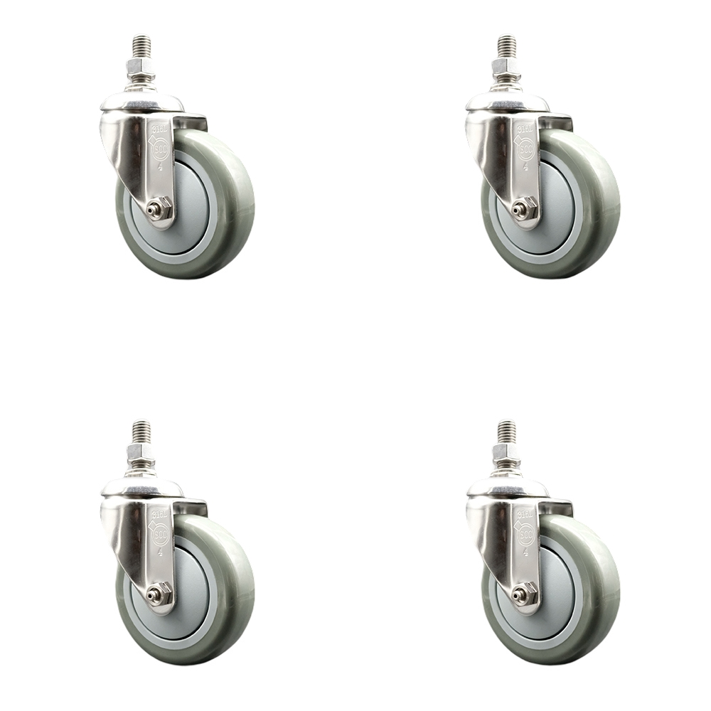 Polyurethane Swivel Stem Caster Set of 4 with 4 Inch Gray Caster Wheels - 3/8" Threaded Stems - 316 Stainless Steel Casters - Includes 4 Swivel Casters - Service Caster Brand — photo 1