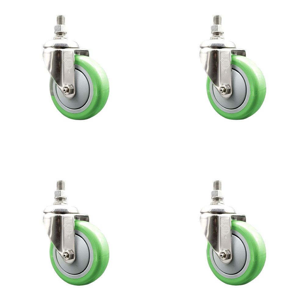 Polyurethane Swivel Stem Caster Set of 4 with 4 Inch Green Caster Wheels - 3/8" Threaded Stems - 316 Stainless Steel Casters - Includes 4 Swivel Casters - Service Caster Brand — photo 1