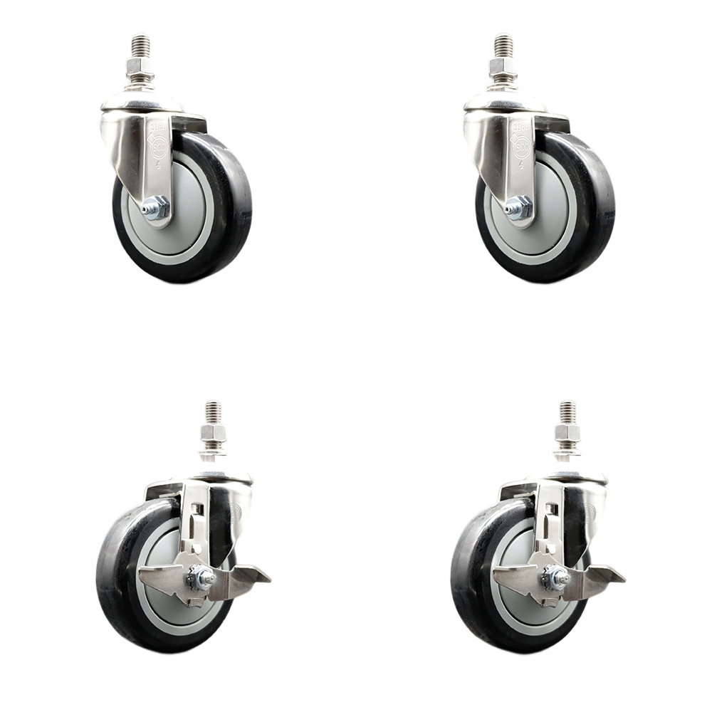 Poly Swivel Stem Caster Set of 4 with 4 Inch Black Caster Wheels - 1/2" Threaded Stems - 316 Stainless Steel Casters - Includes 2 Swivel Casters with Top Lock Brakes and 2 Swivel -Service Caster Brand — photo 1