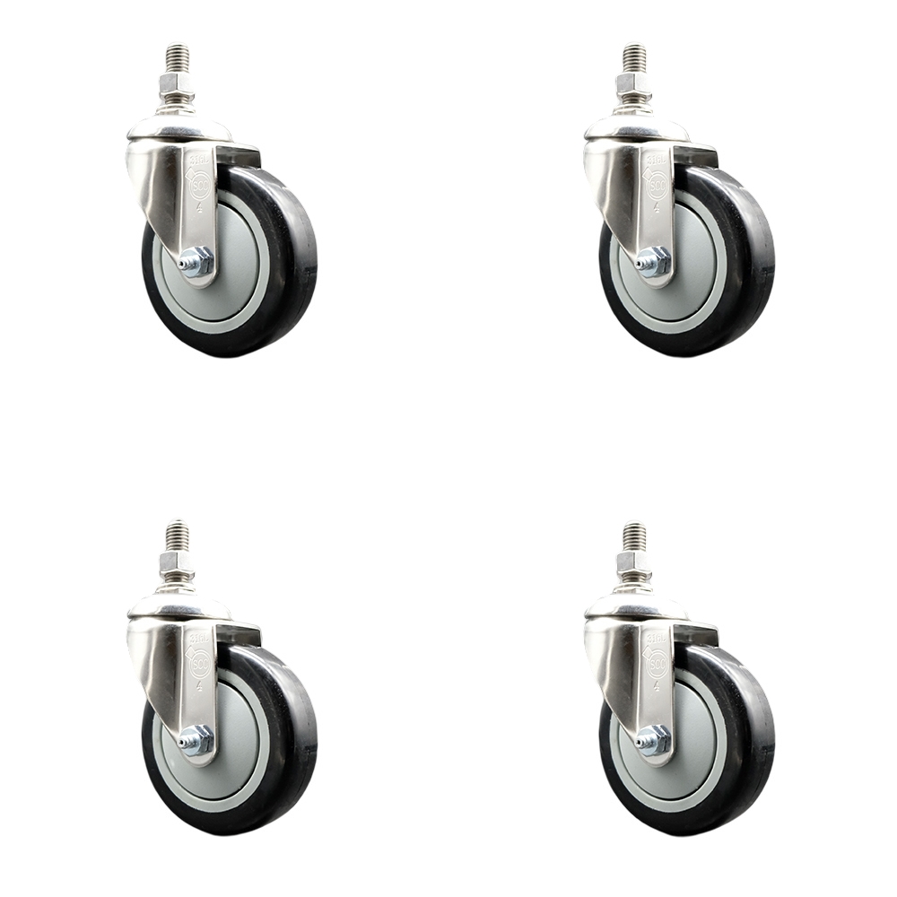 Polyurethane Swivel Stem Caster Set of 4 with 4 Inch Black Caster Wheels - 1/2" Threaded Stems - 316 Stainless Steel Casters - Includes 4 Swivel Casters - Service Caster Brand — photo 1